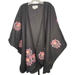 Vintage Daily Planet Embroidered Mid Length Black Floral Cape Wrap wool‎ Nepal
